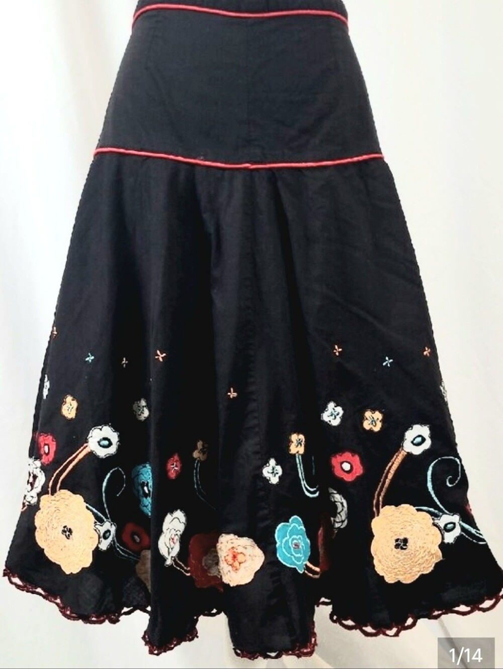 Seafolly Puerto Rico Black Cotton Embroidered Midi Coverup Skirt Size 12 US